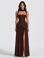 Willow | Women's Sculpted Satin-Feel Maxi Dress, Draped Evening Dress | Everlasting Boutique | Brown