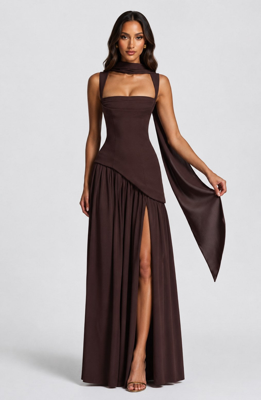 Willow | Women's Sculpted Satin-Feel Maxi Dress, Draped Evening Dress | Everlasting Boutique | Burgundy