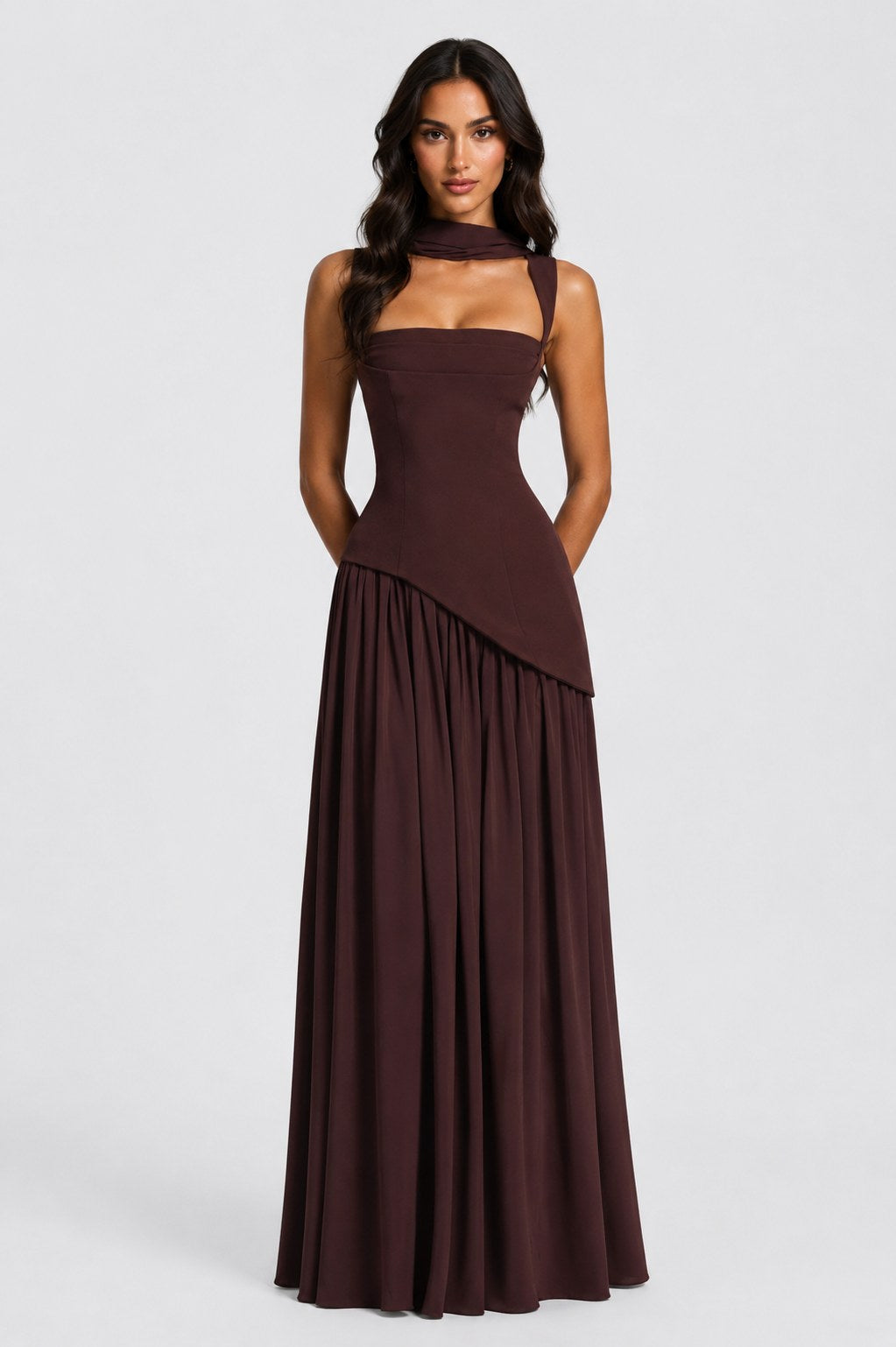 Willow | Women's Sculpted Satin-Feel Maxi Dress, Draped Evening Dress | Everlasting Boutique | Black