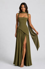 Willow | Women's Sculpted Satin-Feel Maxi Dress, Draped Evening Dress | Everlasting Boutique