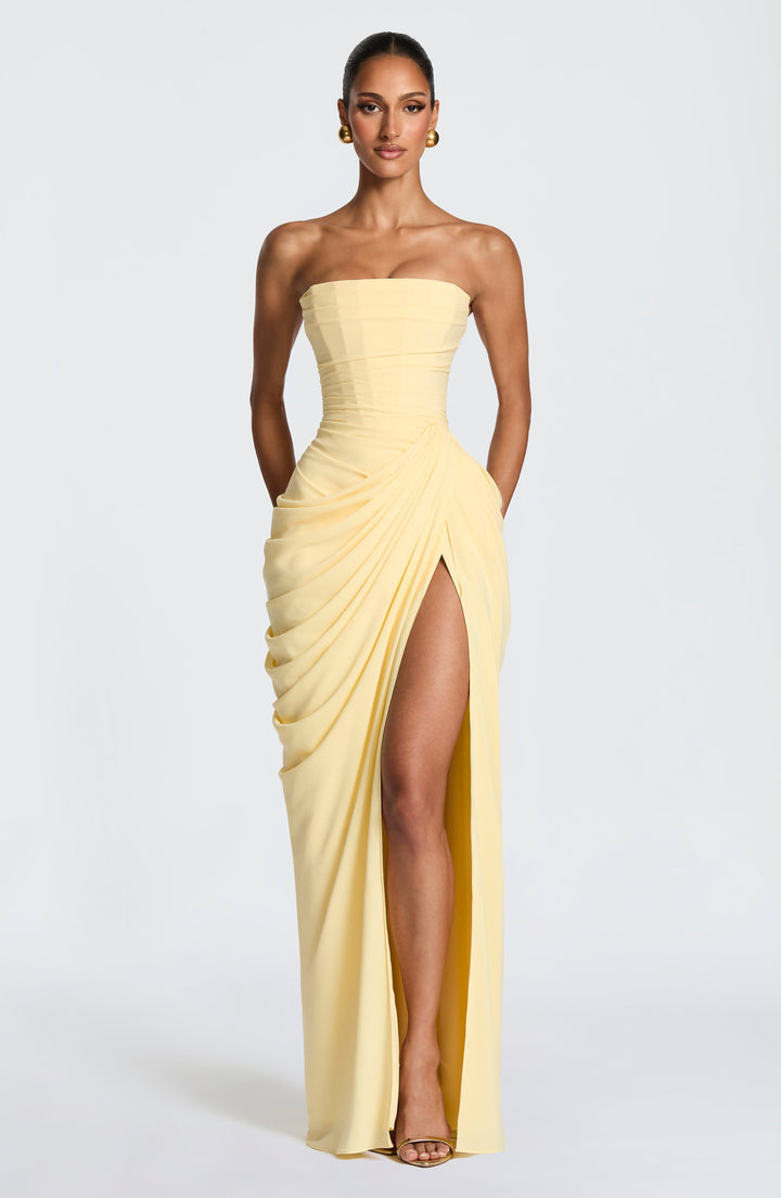 Yvette | Women's Strapless Maxi Dress, Flowing Autumn Maxi Dress | Everlasting Boutique | Yellow