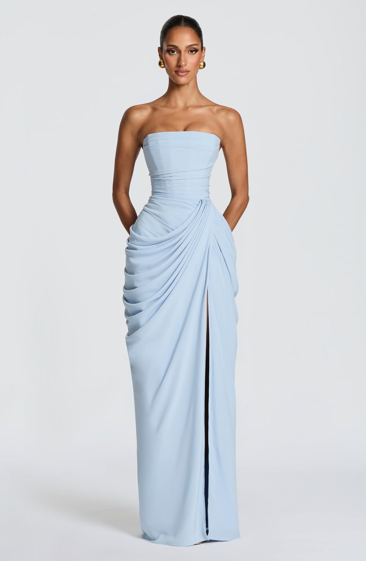 Yvette | Women's Strapless Maxi Dress, Flowing Autumn Maxi Dress | Everlasting Boutique | Light Blue