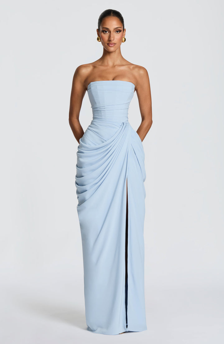 Yvette | Women's Strapless Maxi Dress, Flowing Autumn Maxi Dress | Everlasting Boutique | Light Blue