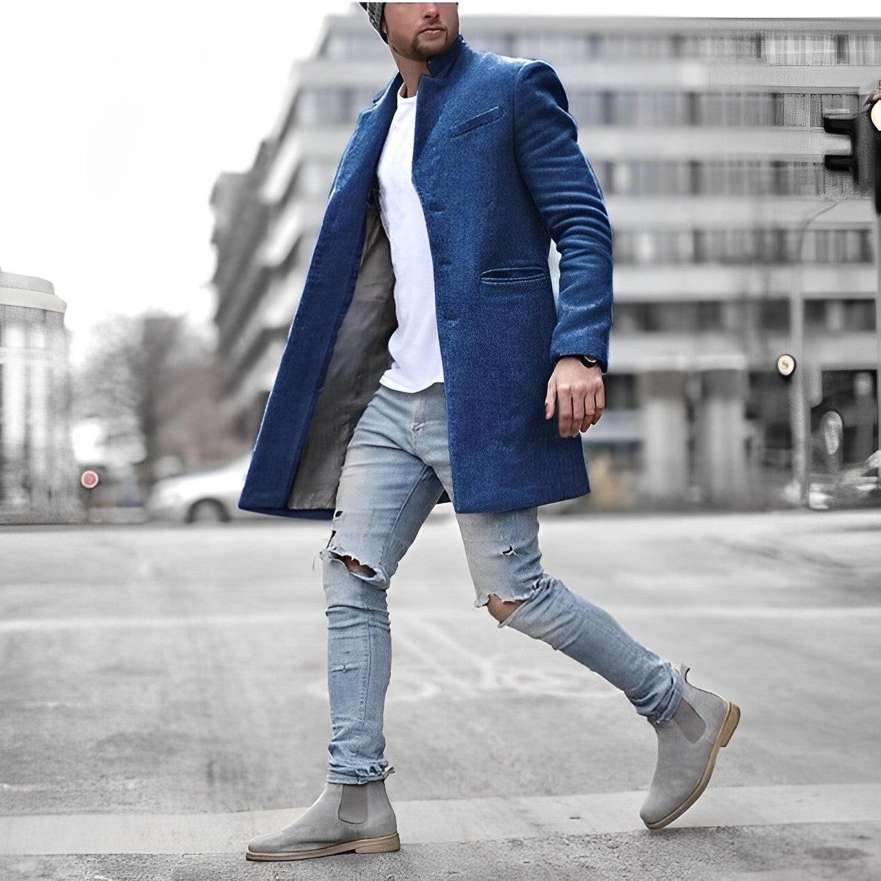Zachary | Men's Slim-Fit Topcoat, Single-Breasted Tailored Coat | Everlasting Boutique | Blue