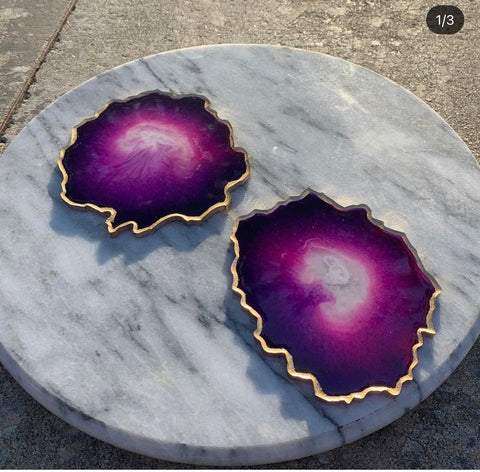 PURPLE GEODE COASTERS WITH GOLD LEAF TRIM — set of 2